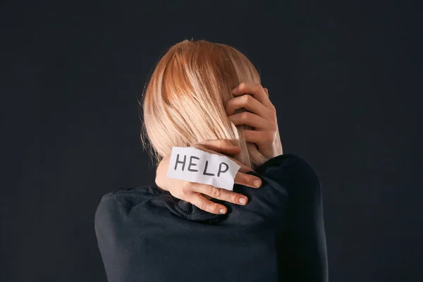 Paper Sheet Text Help Hand Woman Dark Background Concept Depression — Stock Photo, Image