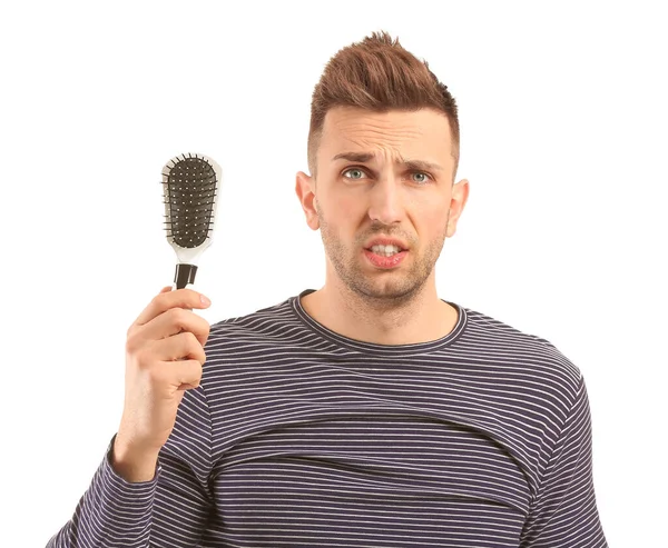 Confused Young Man Hair Brush White Background — Stock Photo, Image