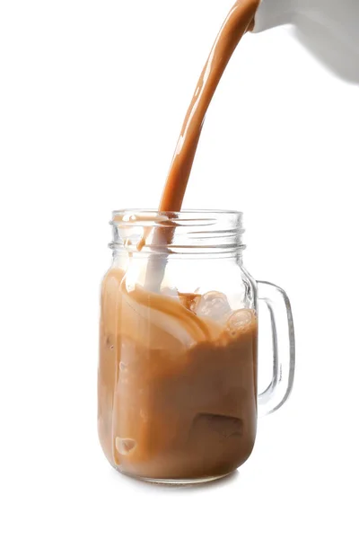 Pouring Coffee Mason Jar Ice Cubes White Background — Stock Photo, Image