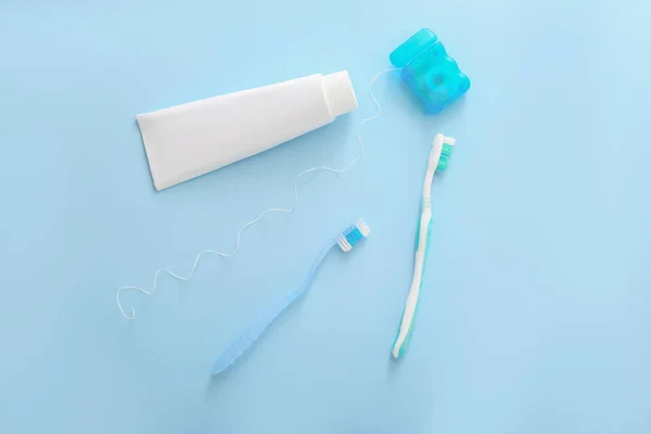 Tooth Brushes Paste Floss Color Background — Stock Photo, Image