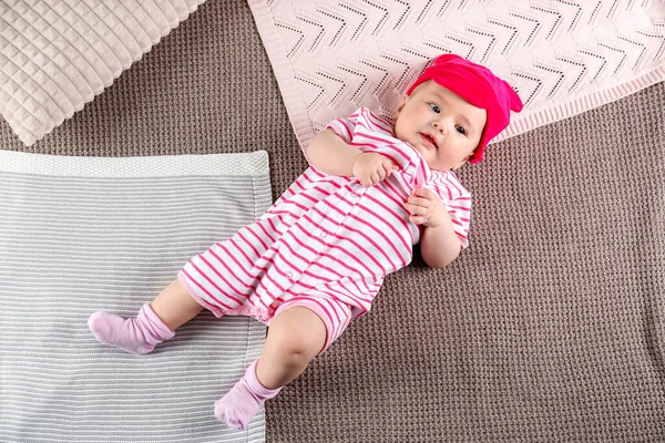 Cute Baby Stylish Clothes Lying Bed — Stock Photo, Image