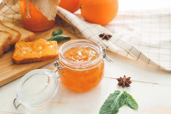 Jar Orange Jam White Table — Stock Photo, Image