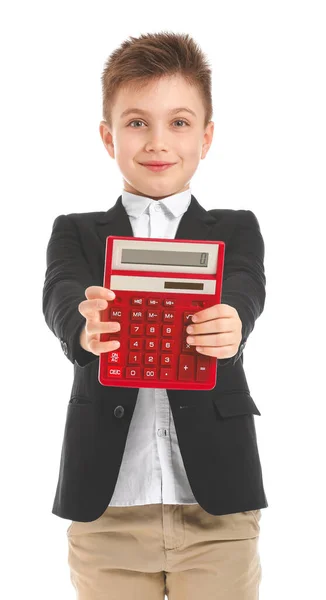 Liten Pojke Med Miniräknare Vit Bakgrund — Stockfoto