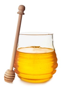 Beyaz arka planda tatlı bal kavanozu