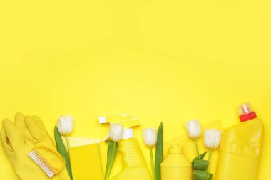 Renkli arkaplanda temizlik malzemeleri ve bahar çiçekleri.