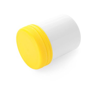 Beyaz arka planda bir şişe hap.