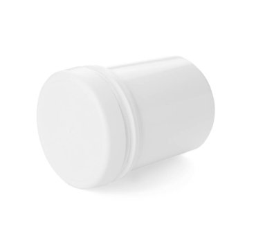 Beyaz arka planda bir şişe hap.