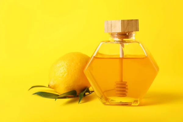 Jar Sweet Honey Lemon Color Background — Stock Photo, Image