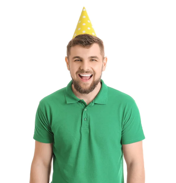 Knappe Man Vieren Verjaardag Witte Achtergrond — Stockfoto
