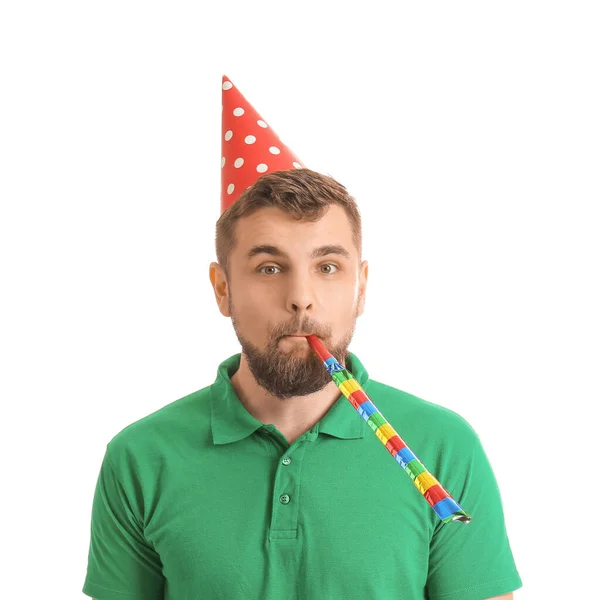 Schöner Mann Feiert Geburtstag Auf Weißem Hintergrund — Stockfoto