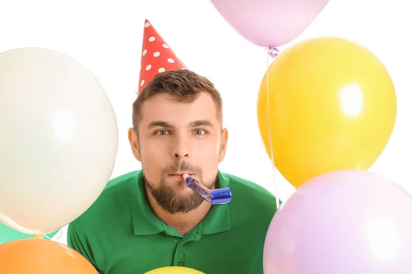 Schöner Mann Feiert Geburtstag Auf Weißem Hintergrund — Stockfoto