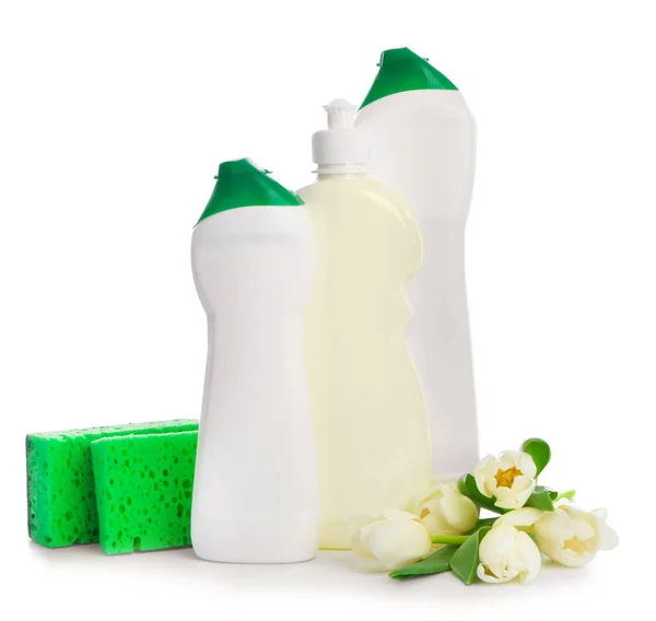 Set Cleaning Supplies Spring Flowers White Background — Stock Photo, Image