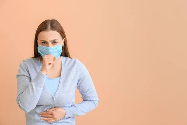 Sick Woman Protective Mask Color Background Concept Epidemic — Stock Photo, Image