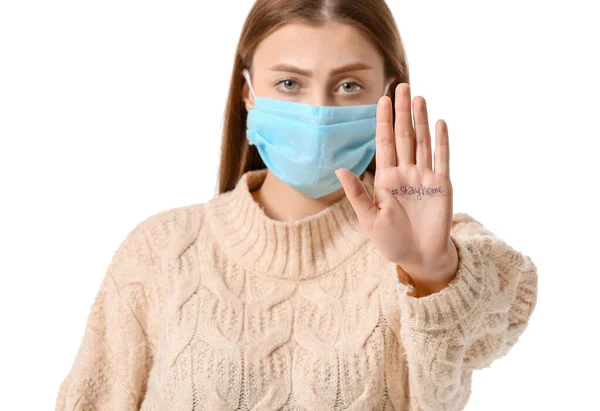 Woman Protective Mask Showing Her Palm Written Text White Background — Stock Photo, Image