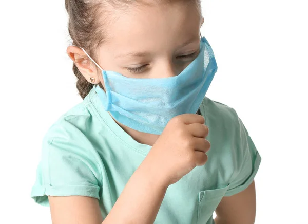 Petite Fille Malade Dans Masque Médical Protection Sur Fond Blanc — Photo
