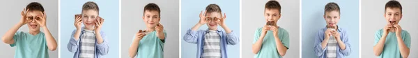 Collage Photos Little Boy Eating Chocolate — Stock Photo, Image