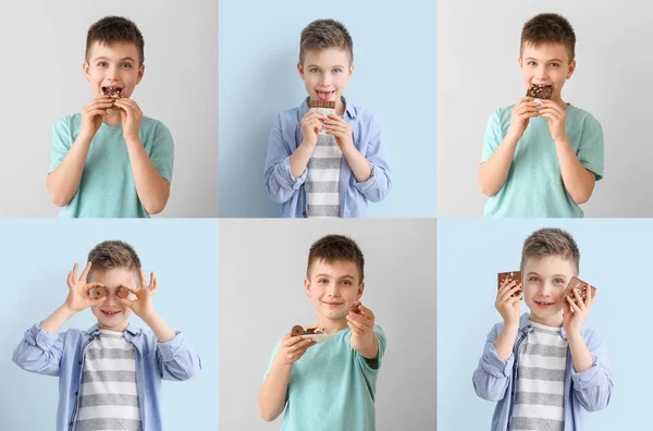 Collage Van Foto Met Kleine Jongen Die Chocolade Eet — Stockfoto