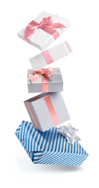 Beautiful Falling Gift Boxes White Background — Stock Photo, Image