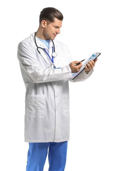 Young Male Doctor Documents White Background — Stock Photo, Image