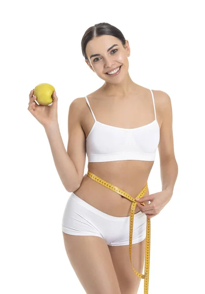 Young Woman Apple Measuring Tape White Background Weight Loss Concept — Stock Photo, Image