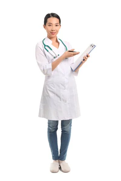 Female Asian Doctor Clipboard White Background — Stock Photo, Image