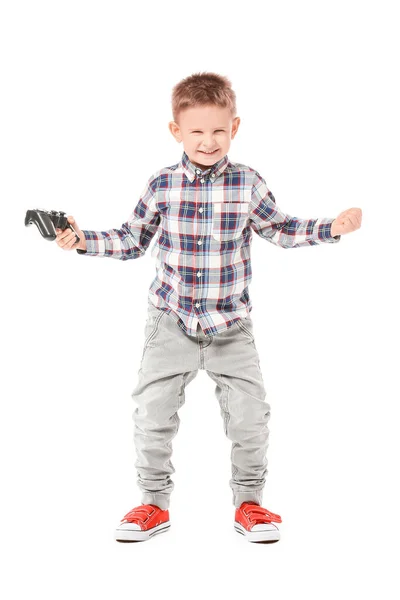 Feliz Niño Jugando Videojuegos Sobre Fondo Blanco — Foto de Stock