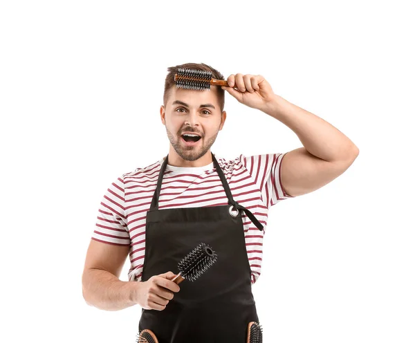 Porträt Eines Männlichen Friseurs Auf Weißem Hintergrund — Stockfoto