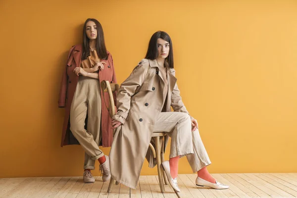 Mujeres Jóvenes Con Estilo Cerca Pared Color —  Fotos de Stock