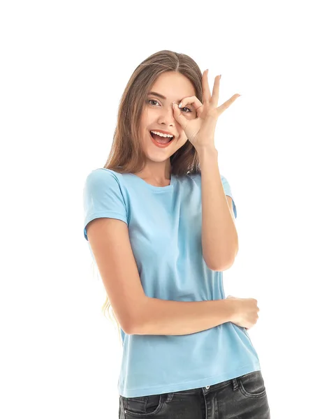 Beautiful Young Woman Showing Gesture White Background — Stock Photo, Image