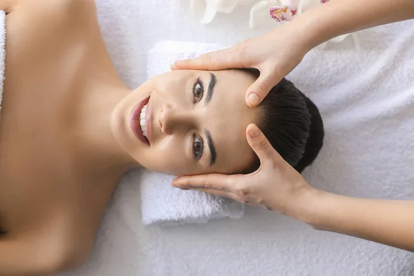 Beautiful Young Woman Receiving Massage Spa Salon — Stock Photo, Image