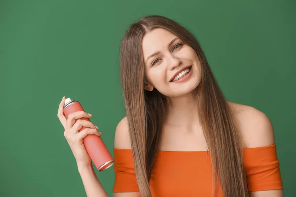 Beautiful Young Woman Hair Spray Color Background — Stock Photo, Image