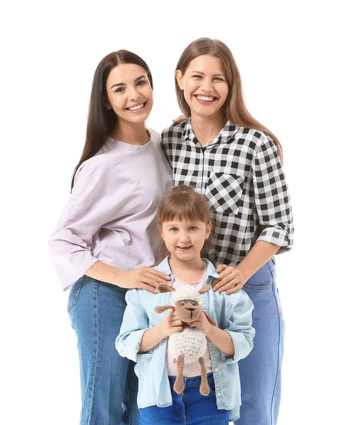 Happy Lesbian Couple Little Adopted Girl White Background — Stock Photo, Image
