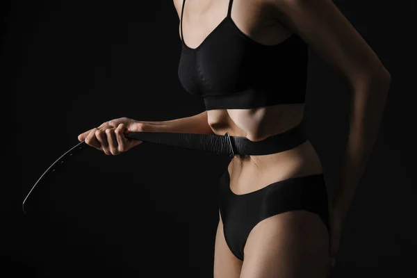 Sick Woman Tightening Her Waist Belt Dark Background Concept Anorexia — Stock Photo, Image