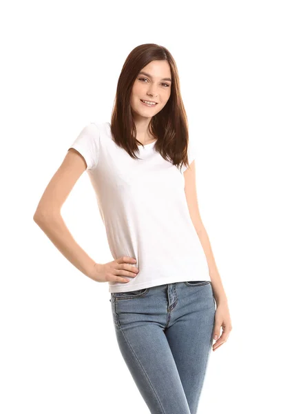 Kvinna Snygg Shirt Vit Bakgrund — Stockfoto