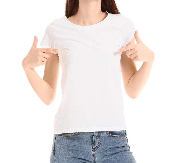 Frau Stylischen Shirt Auf Weißem Hintergrund — Stockfoto