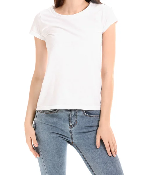 Donna Elegante Shirt Sfondo Bianco — Foto Stock