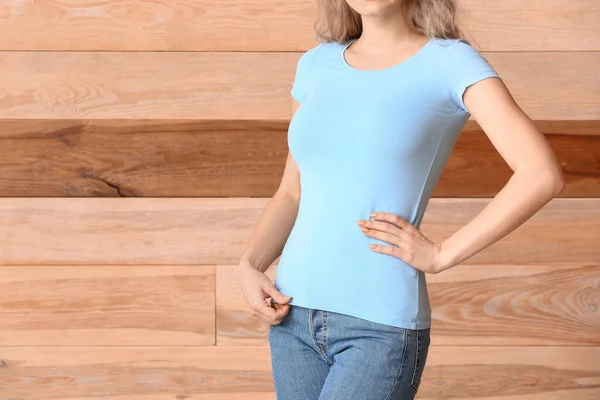Woman Stylish Shirt Wooden Background — Stock Photo, Image