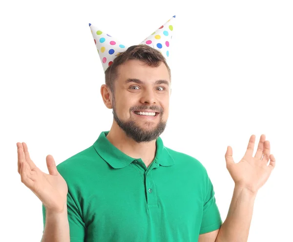 Hombre Guapo Celebrando Cumpleaños Sobre Fondo Blanco —  Fotos de Stock