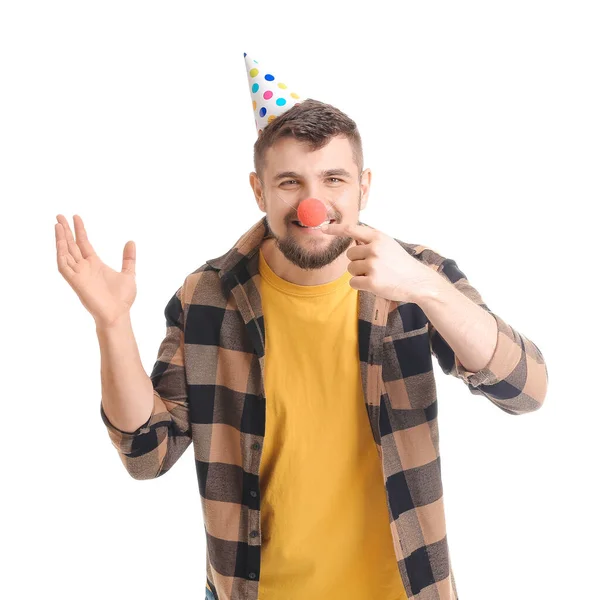 Schöner Mann Feiert Geburtstag Auf Weißem Hintergrund — Stockfoto