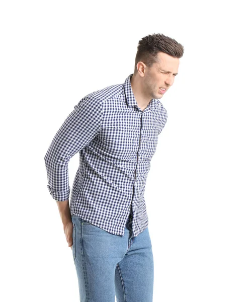 Young Man Suffering Hemorrhoids White Background — Stock Photo, Image