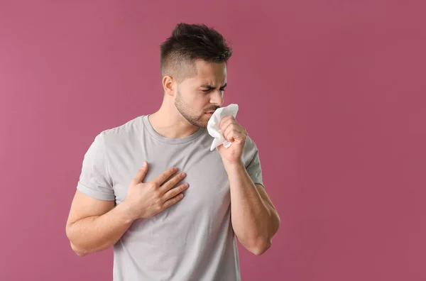 Coughing Young Man Color Background — Stock Photo, Image