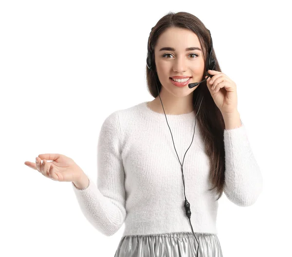 Schöne Junge Frau Mit Headset Auf Weißem Hintergrund — Stockfoto