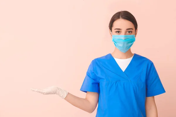 Doctor Wearing Medical Mask Color Background — Stock Photo, Image