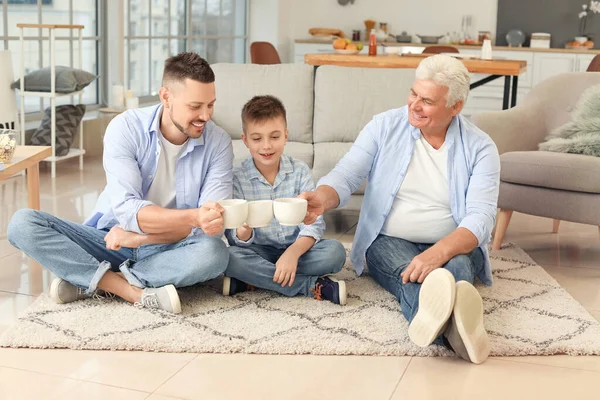 Man His Father Son Drinking Tea Home — Stock Photo, Image