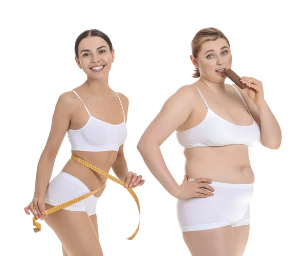 Overweight Slim Women White Background Weight Loss Concept — Stock Photo, Image