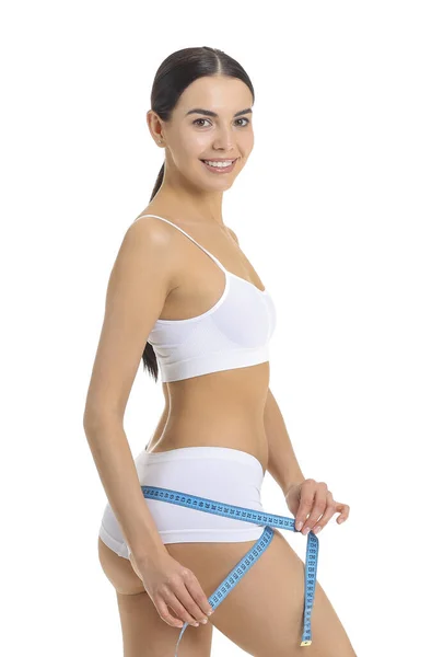 Young Woman Measuring Tape White Background Weight Loss Concept — Stock Photo, Image