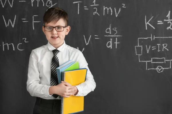 Cute Little Boy Blackboard Physics Lesson Classroom — Stock Photo, Image