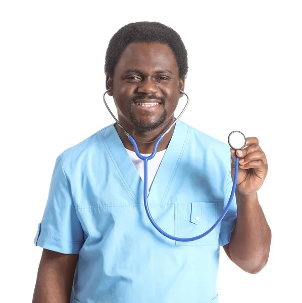 Male African American Doctor Stethoscope White Background — Stock Photo, Image