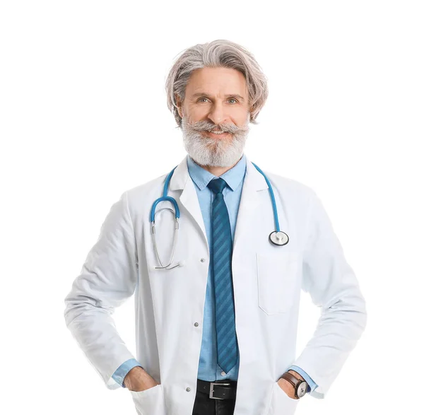 Portrait Senior Male Doctor White Background — Stock Photo, Image