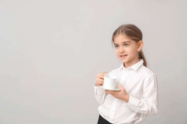 Little Businesswoman Cup Coffee Light Background — Stock Photo, Image